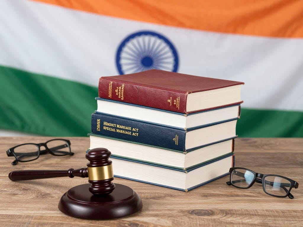 Indian legal books on divorce law and family matters displayed on wooden desk